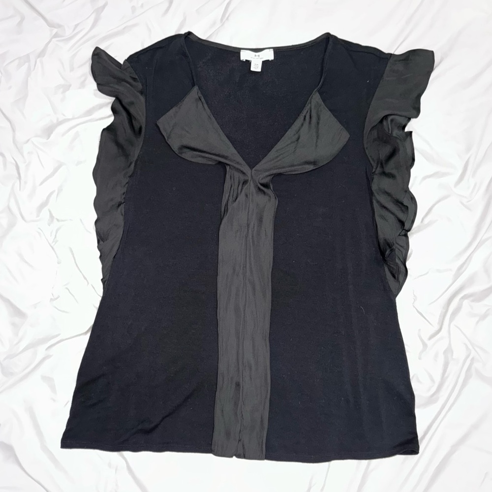 H by Halston Black Blouse with Butterfly Short Sleeves, M